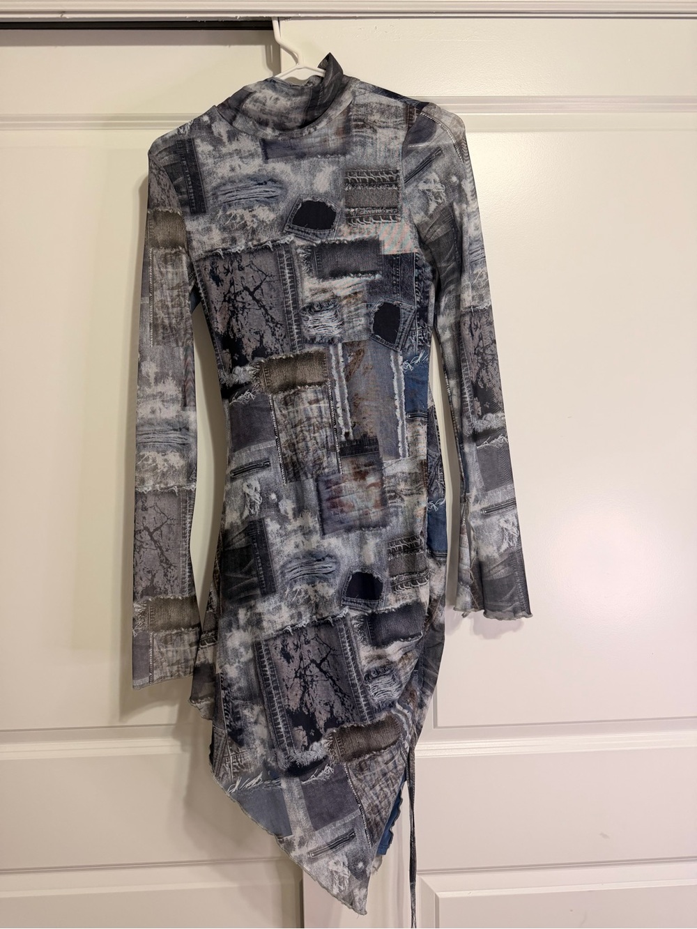 Gray Patterned Asymmetric Long-Sleeve Dress